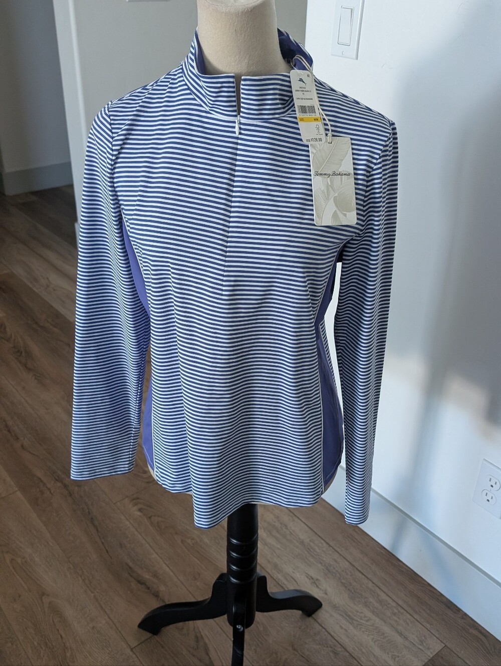 Tommy Bahama Navy and White Striped Mock Neck Long-Sleeve Top